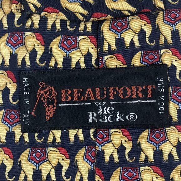 BEAUFORT New York 100% Silk Tie Navy Blue Yellow Elephant Pattern Made in Italy - Picture 5 of 7